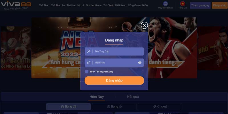 Giao diện đăng nhập Viva88